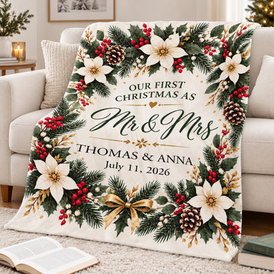 Elegant Winter Wreath First Christmas - Personalized Blanket, Cozy Fireplace First Christmas Couple Keepsake