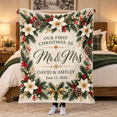 Elegant Winter Wreath First Christmas - Personalized Blanket, Cozy Fireplace First Christmas Couple Keepsake