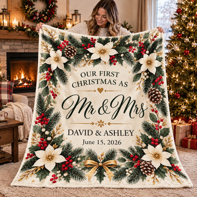 Elegant Winter Wreath First Christmas - Personalized Blanket, Cozy Fireplace First Christmas Couple Keepsake