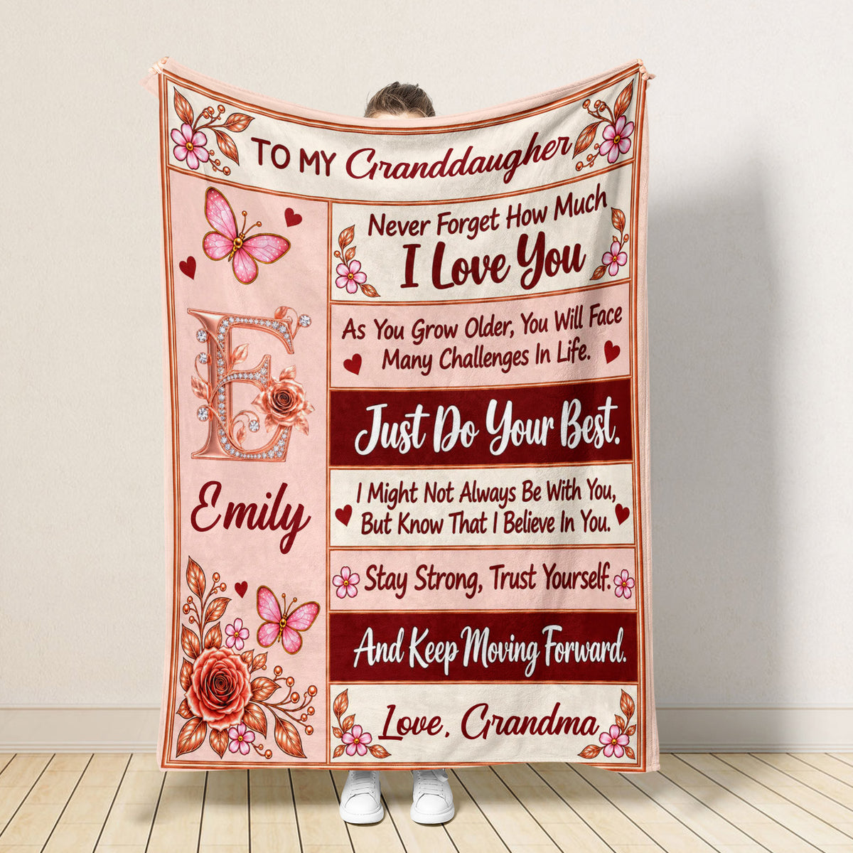 From Grandma To Her Granddaughter - Personalized Blanket, Pink Rose Butterfly Initial Blanket for Granddaughter