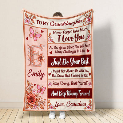From Grandma To Her Granddaughter - Personalized Blanket, Pink Rose Butterfly Initial Blanket for Granddaughter