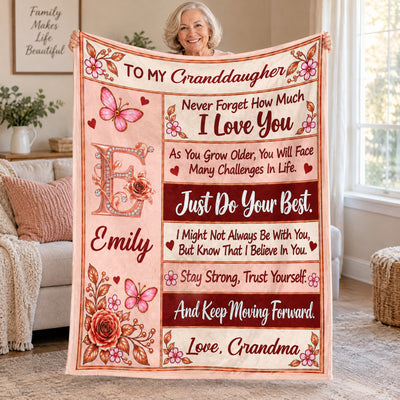From Grandma To Her Granddaughter - Personalized Blanket, Pink Rose Butterfly Initial Blanket for Granddaughter