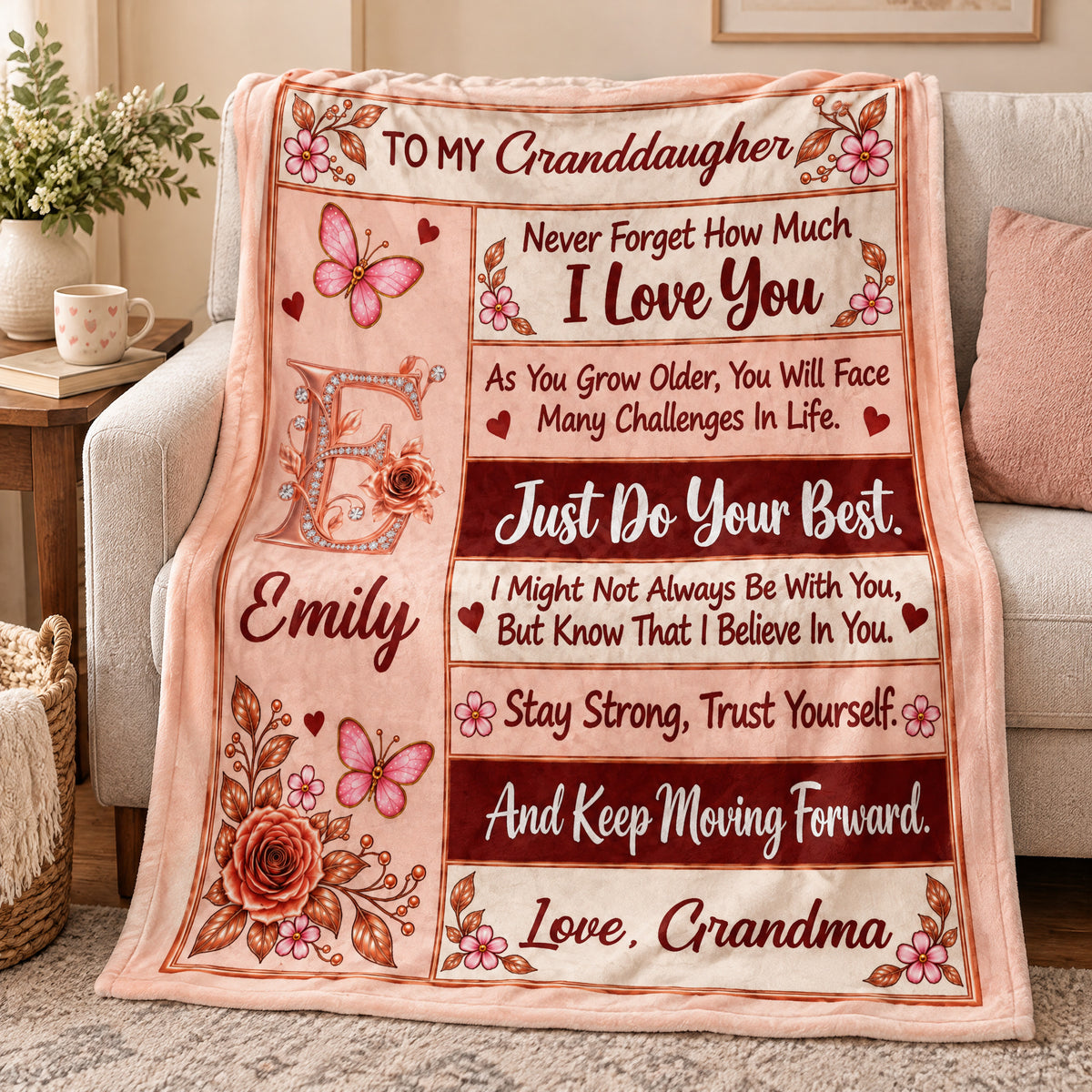From Grandma To Her Granddaughter - Personalized Blanket, Pink Rose Butterfly Initial Blanket for Granddaughter