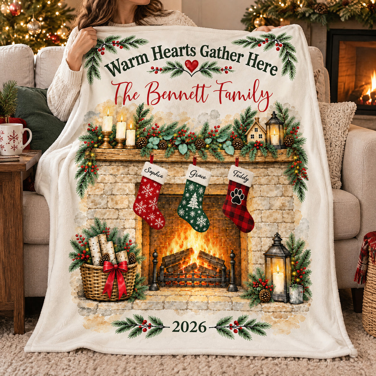 Personalized family name blanket with three stockings, held on a sofa beside a fireplace