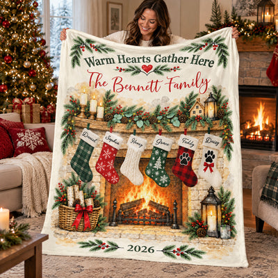 Personalized family name blanket with six named stockings, held up by a smiling woman in a decorated living room