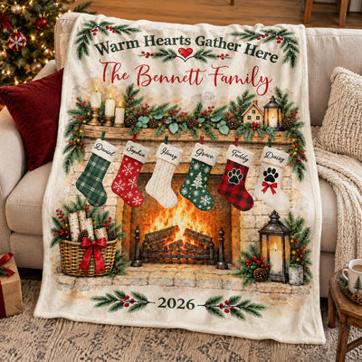 Personalized family name blanket draped over a sofa with cushions, a knit throw and a mug nearby