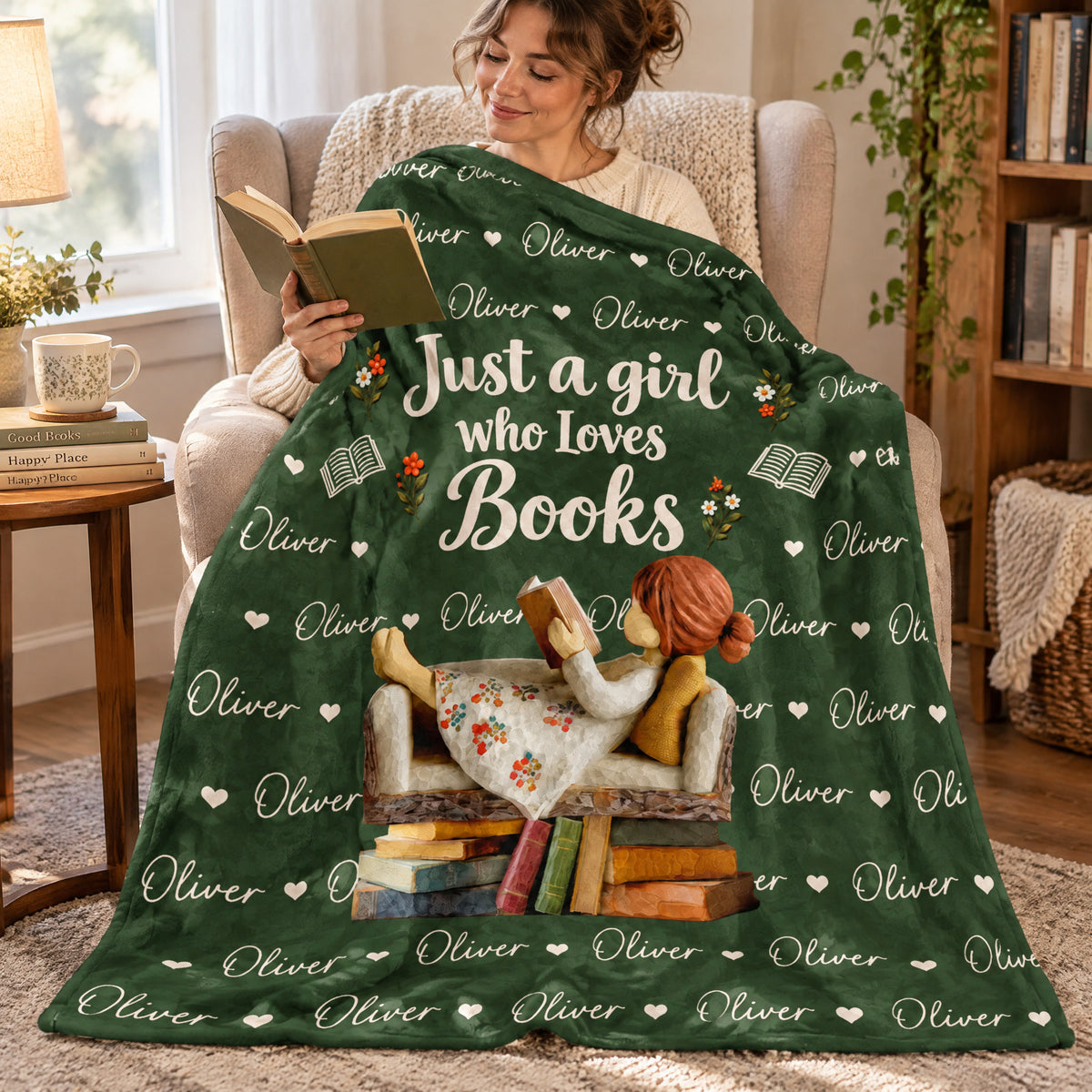Personalized Custom Name Book Lover Blanket across the lap of a woman reading a book in an armchair