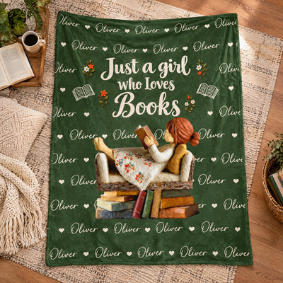 Personalized Custom Name Book Lover Blanket laid flat on a woven rug with a coffee cup, open book and throw