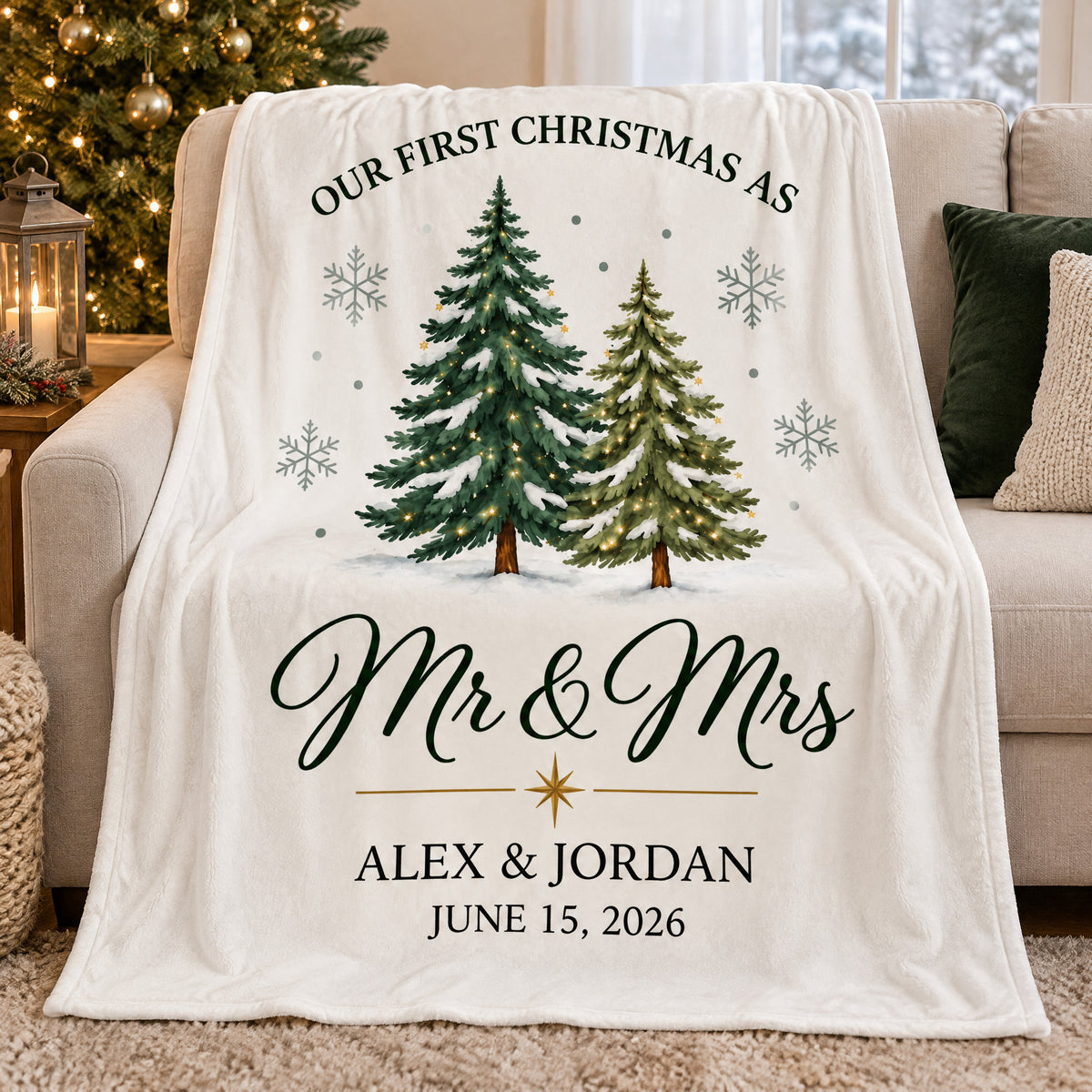 Newlywed First Christmas - Personalized Blanket, Cozy Fireplace First Christmas Couple Keepsake