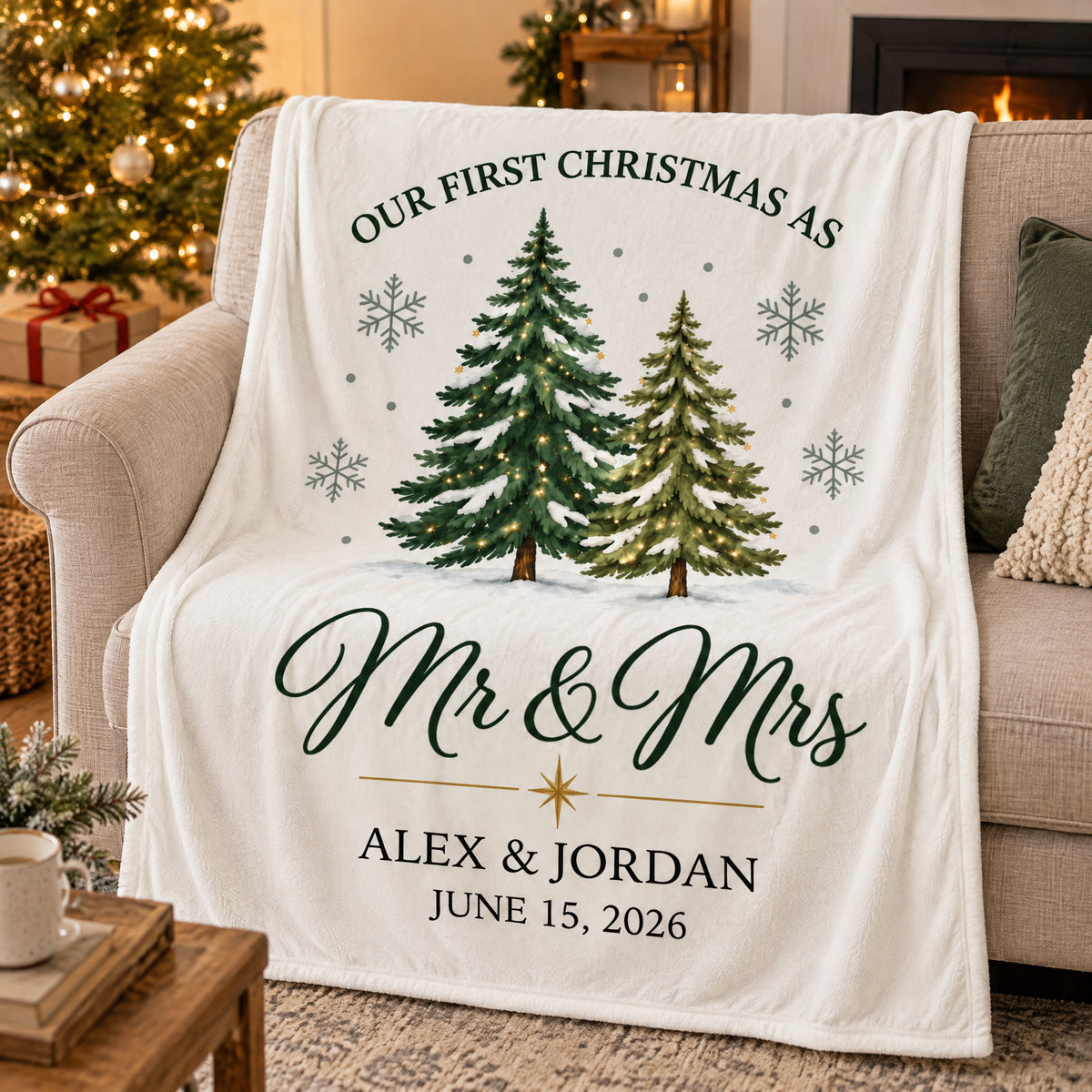 Newlywed First Christmas - Personalized Blanket, Cozy Fireplace First Christmas Couple Keepsake