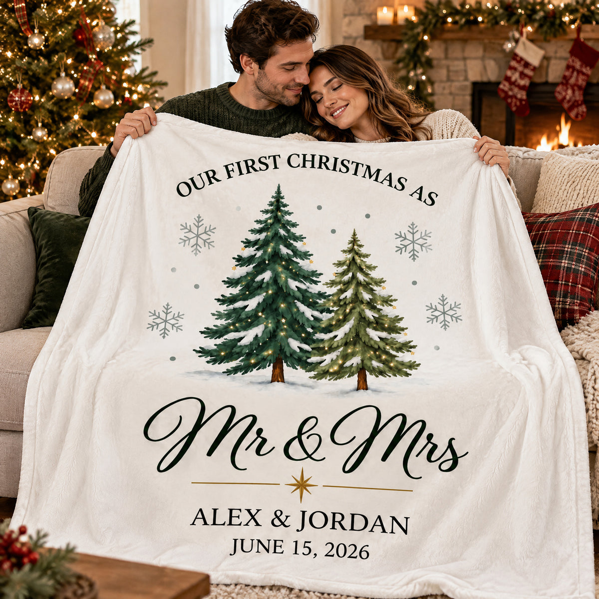 Newlywed First Christmas - Personalized Blanket, Cozy Fireplace First Christmas Couple Keepsake