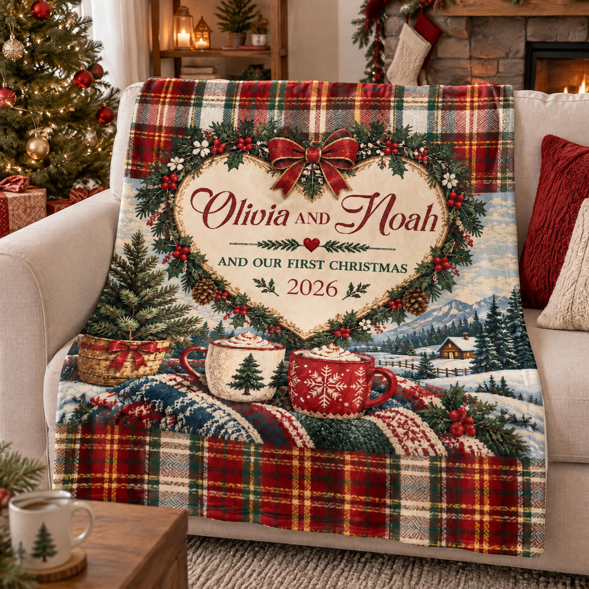 Our First Christmas Personalized Blanket draped over a cream sofa beside a lit tree and fireplace