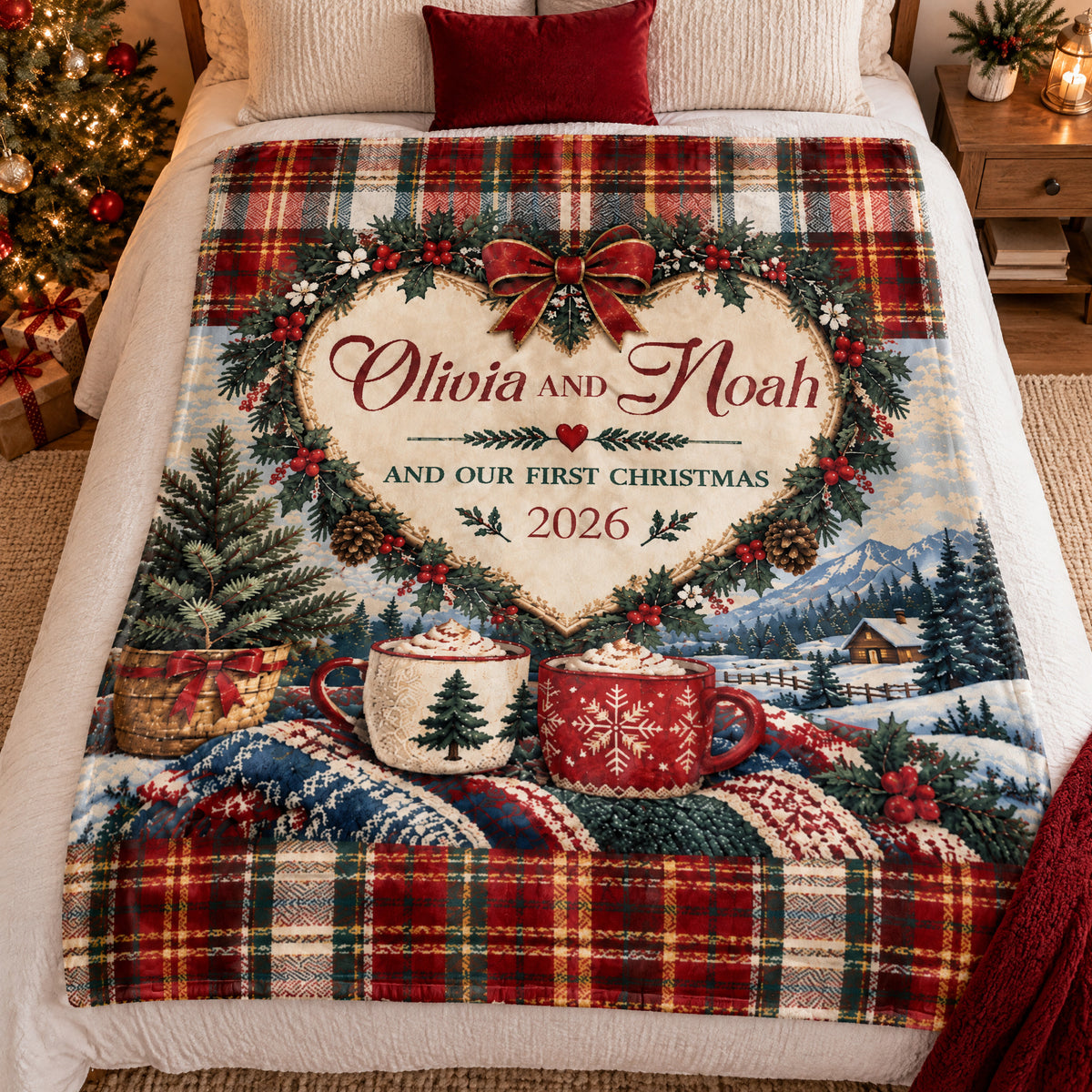 Our First Christmas Personalized Blanket spread flat on a white bed with red pillow and nightstand