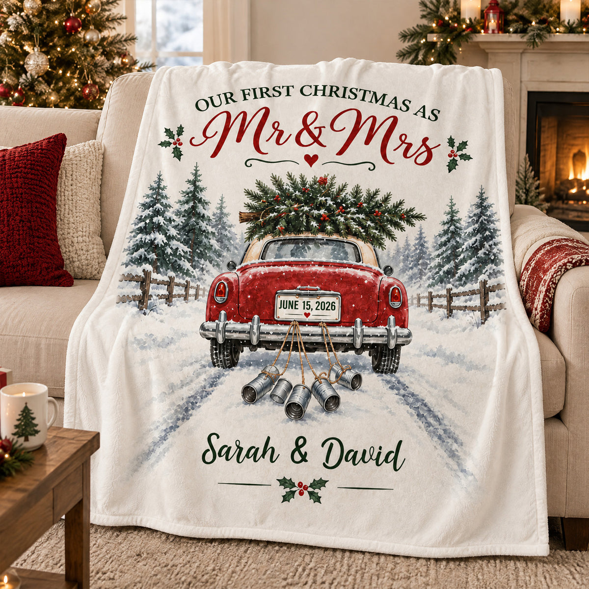 Wedding Car First Christmas - Personalized Blanket, Cozy Fireplace First Christmas Couple Keepsake
