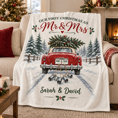 Wedding Car First Christmas - Personalized Blanket, Cozy Fireplace First Christmas Couple Keepsake