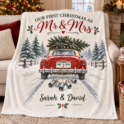 Wedding Car First Christmas - Personalized Blanket, Cozy Fireplace First Christmas Couple Keepsake