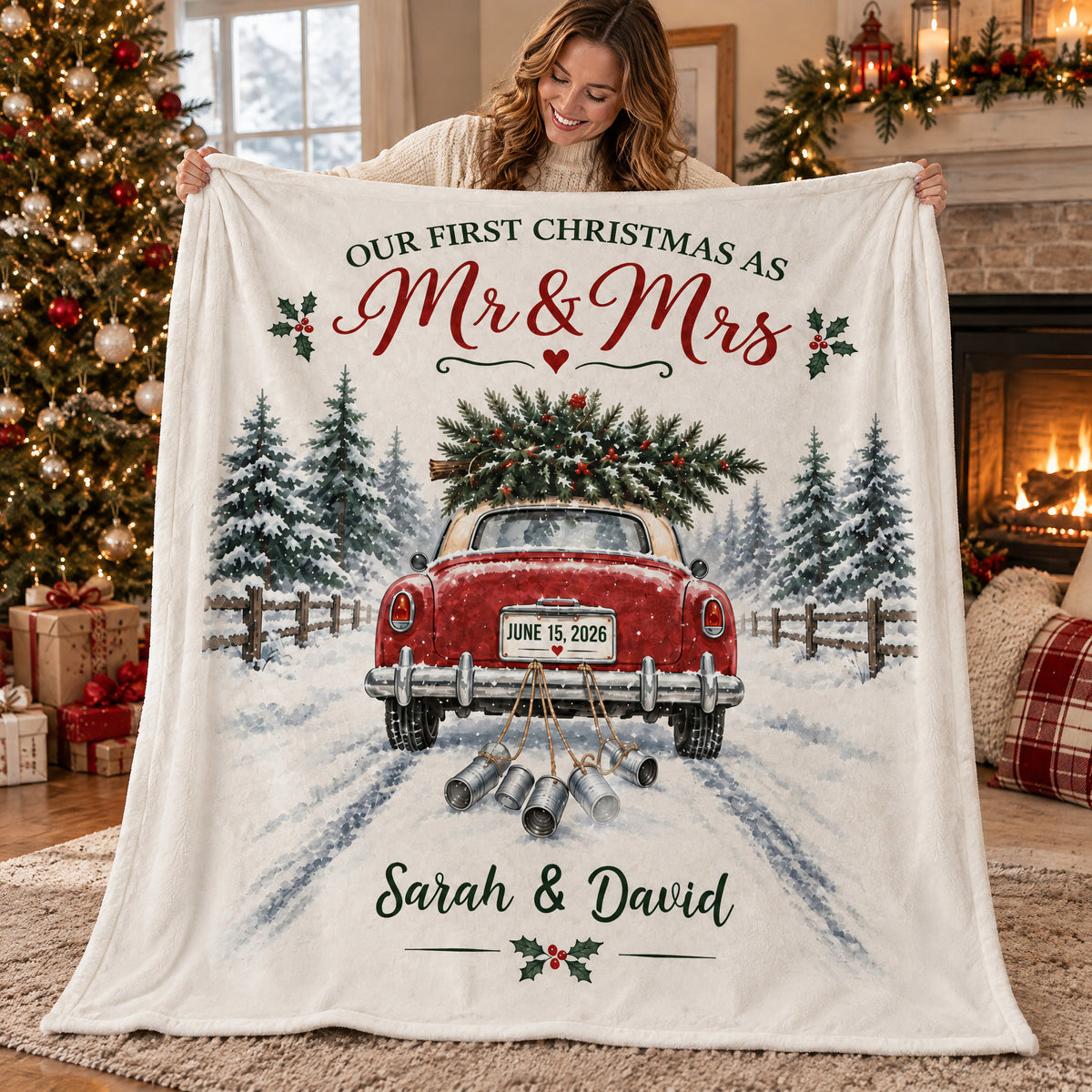 Wedding Car First Christmas - Personalized Blanket, Cozy Fireplace First Christmas Couple Keepsake