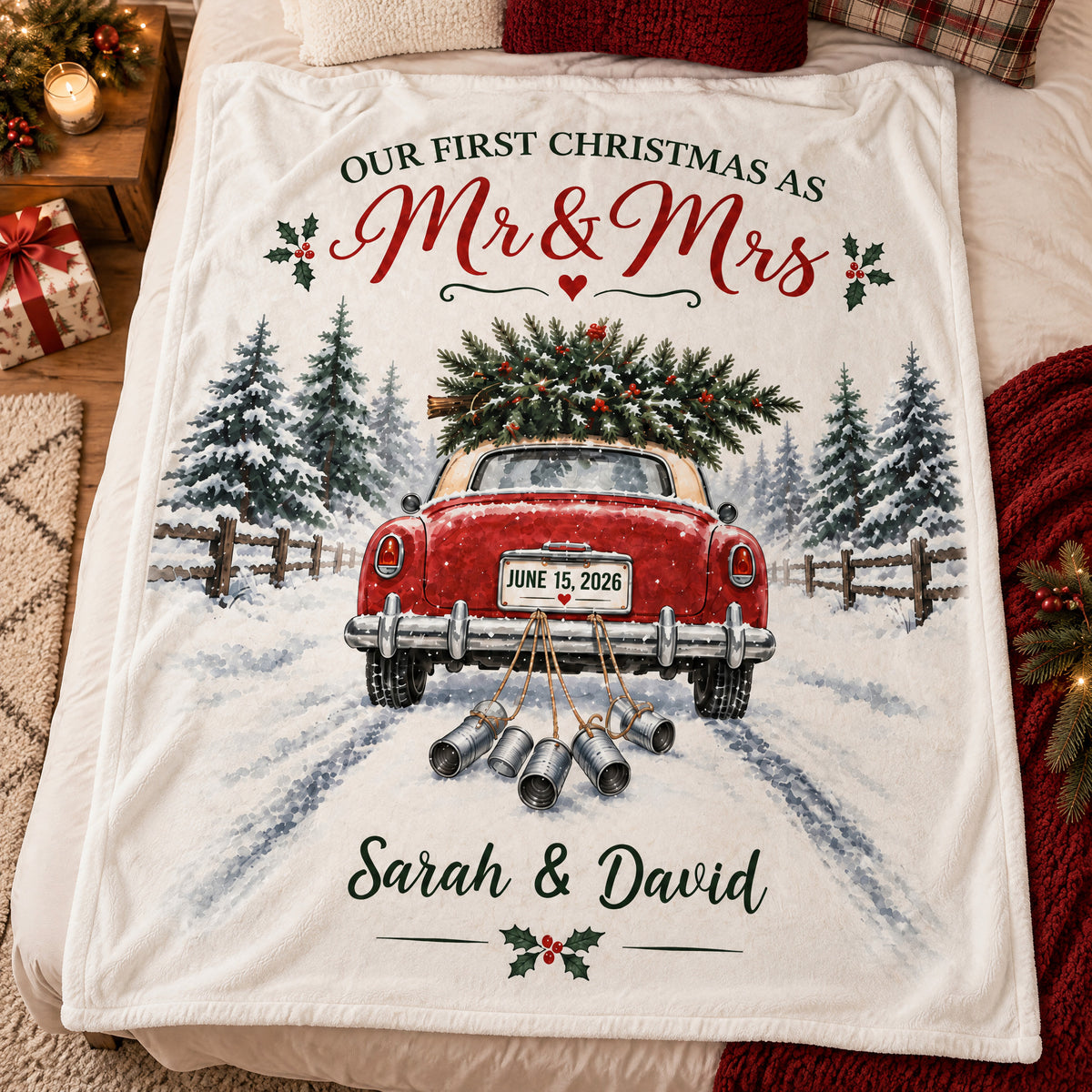 Wedding Car First Christmas - Personalized Blanket, Cozy Fireplace First Christmas Couple Keepsake