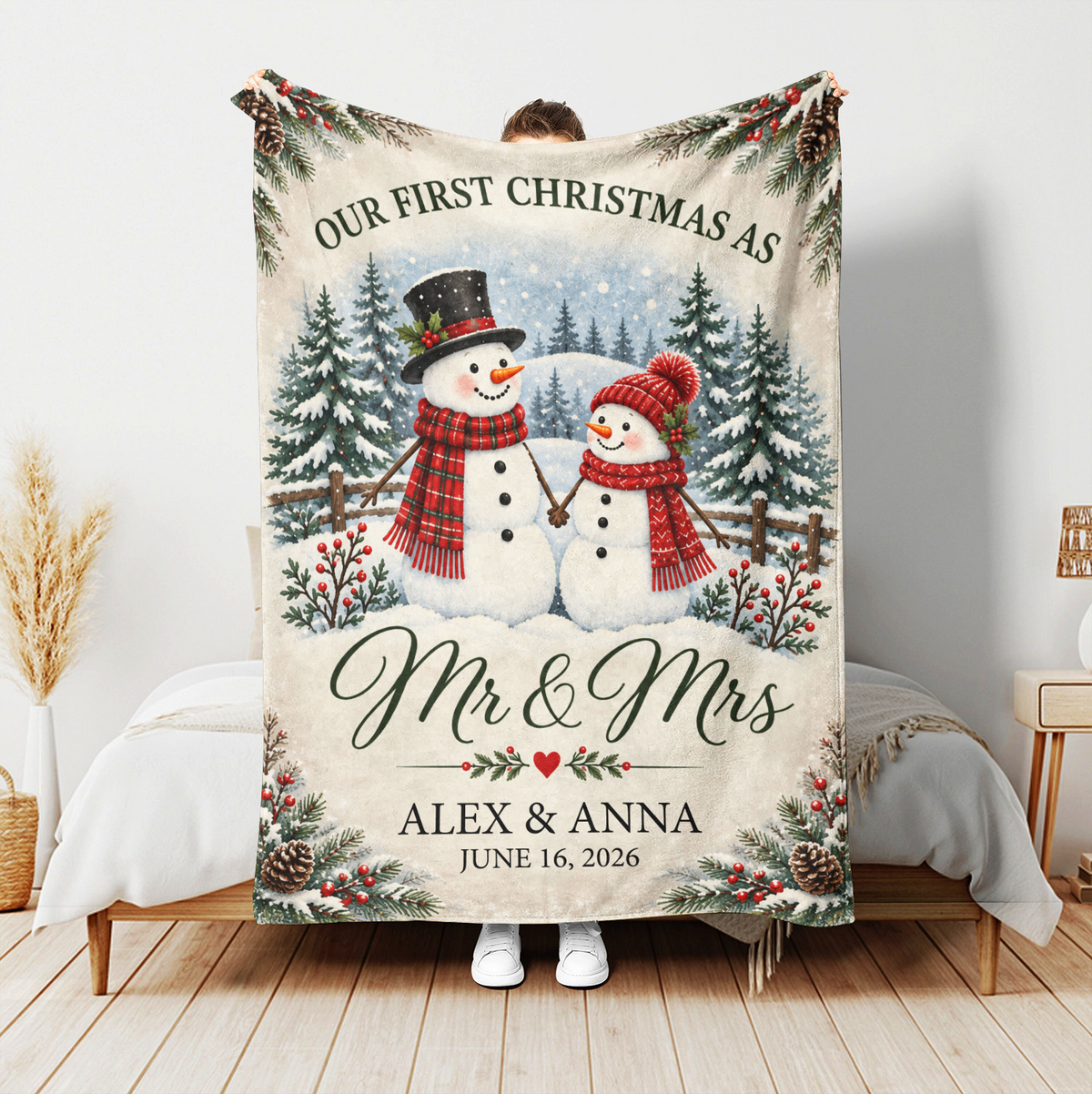 Snowman Couple First Christmas - Personalized Blanket, Cozy Fireplace First Christmas Couple Keepsake
