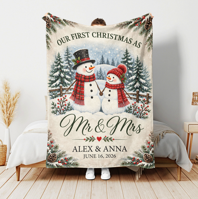 Snowman Couple First Christmas - Personalized Blanket, Cozy Fireplace First Christmas Couple Keepsake