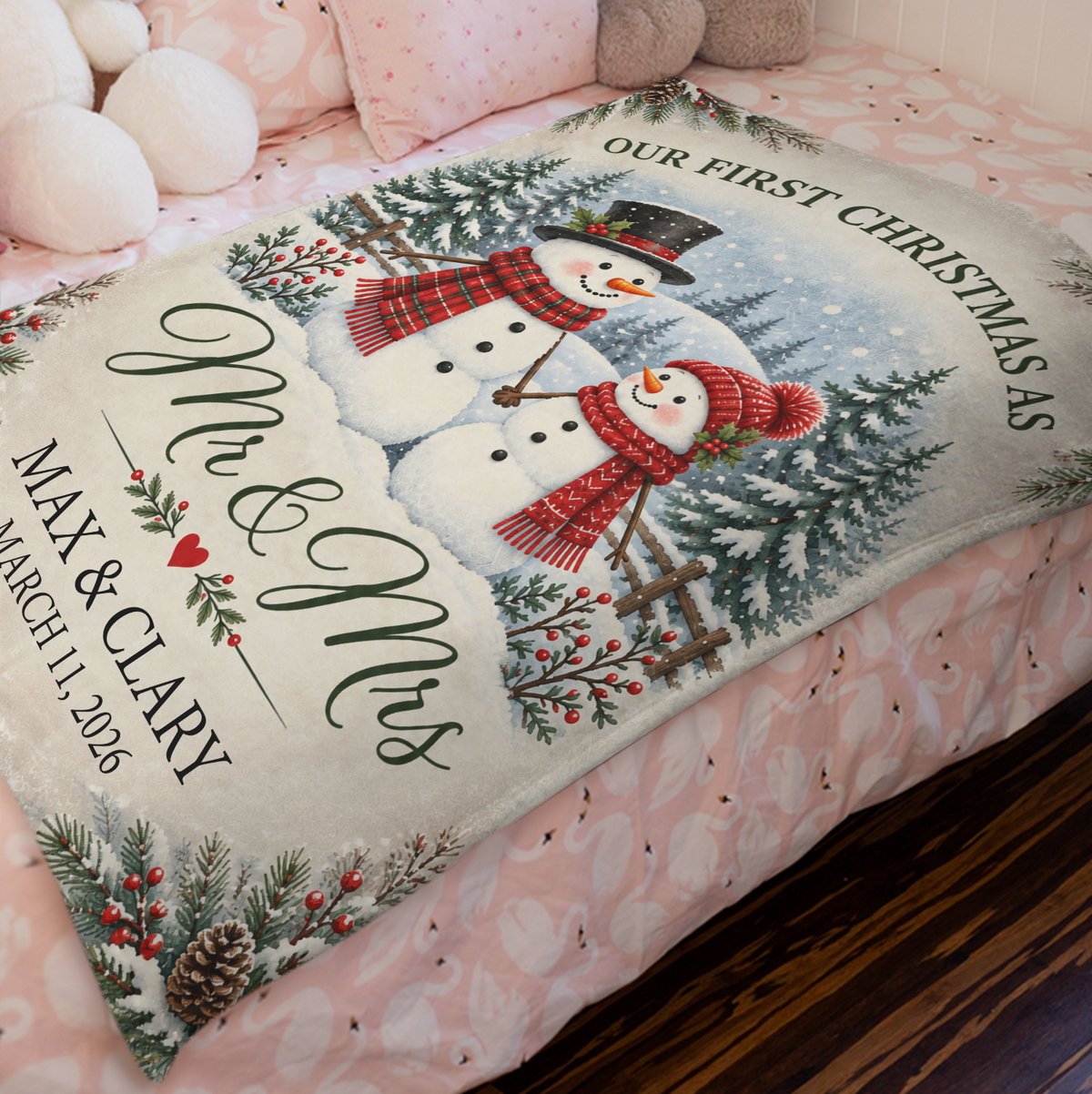 Snowman Couple First Christmas - Personalized Blanket, Cozy Fireplace First Christmas Couple Keepsake
