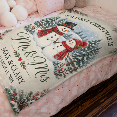 Snowman Couple First Christmas - Personalized Blanket, Cozy Fireplace First Christmas Couple Keepsake