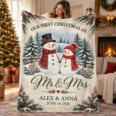 Snowman Couple First Christmas - Personalized Blanket, Cozy Fireplace First Christmas Couple Keepsake