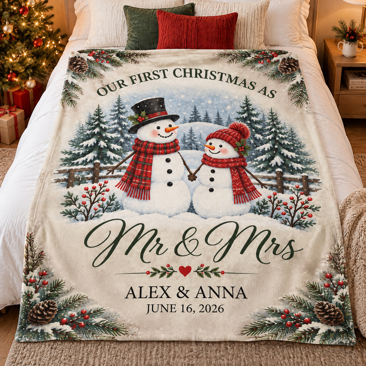 Snowman Couple First Christmas - Personalized Blanket, Cozy Fireplace First Christmas Couple Keepsake