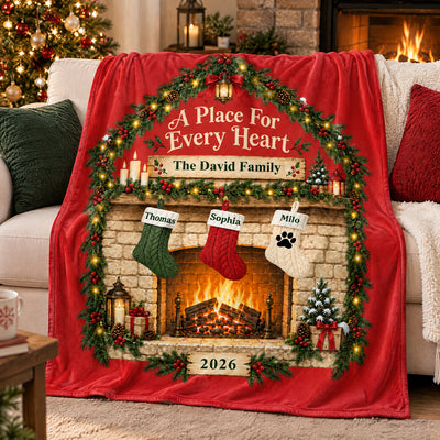 Personalized blanket custom family name in red with three stockings, draped over a couch with cushions