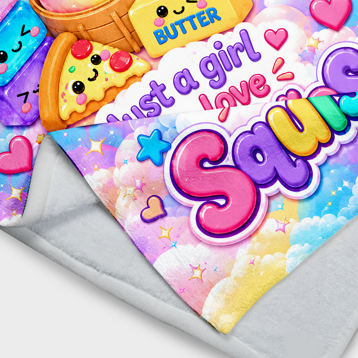 Personalized squishy blanket custom name with a folded corner showing the white soft backing and rainbow cloud print
