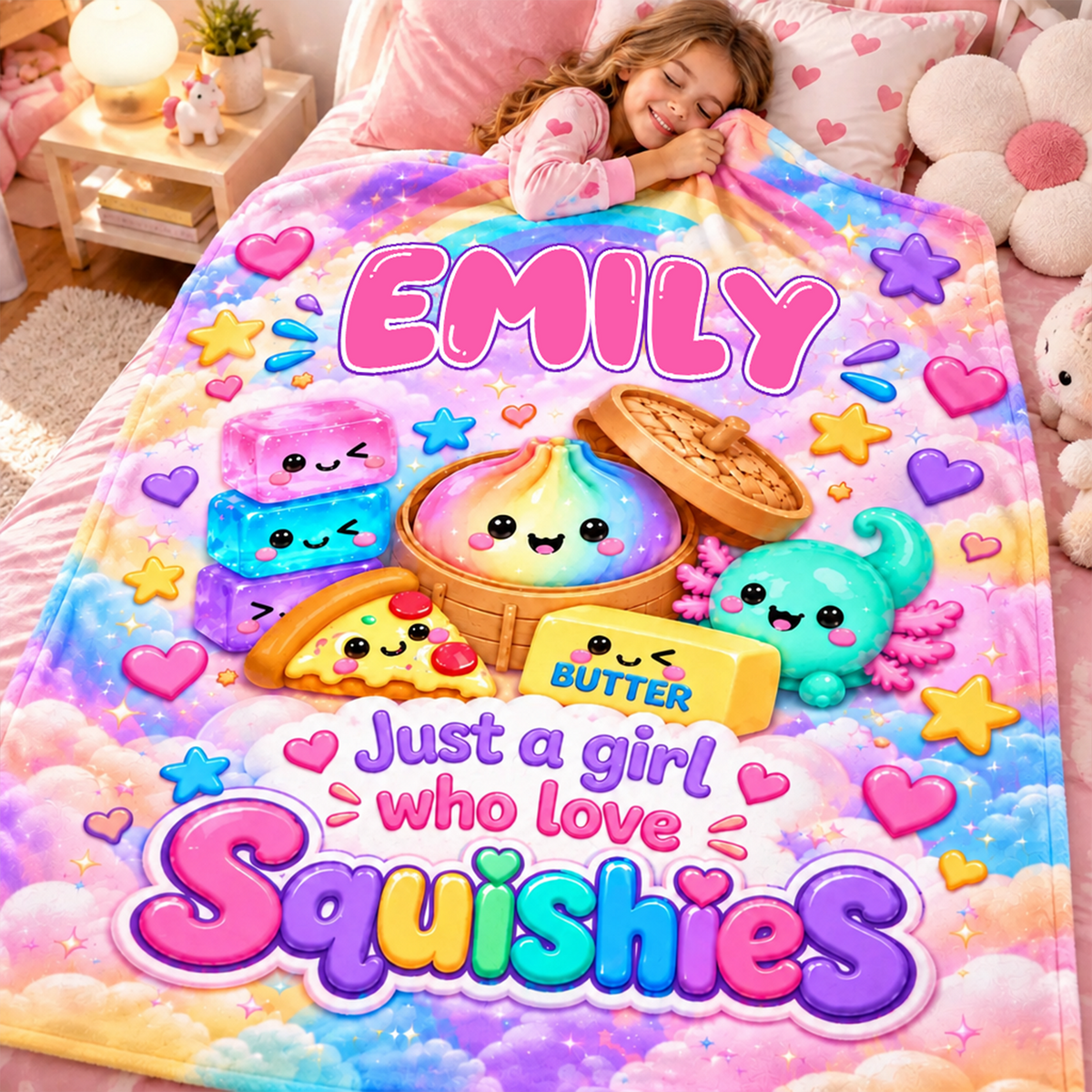 Personalized squishy blanket custom name spread over a bed with a girl smiling and resting her head on it