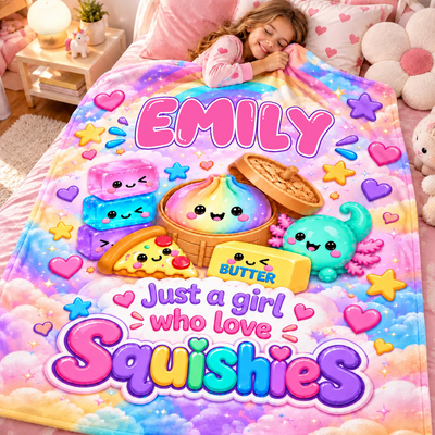 Personalized squishy blanket custom name spread over a bed with a girl smiling and resting her head on it