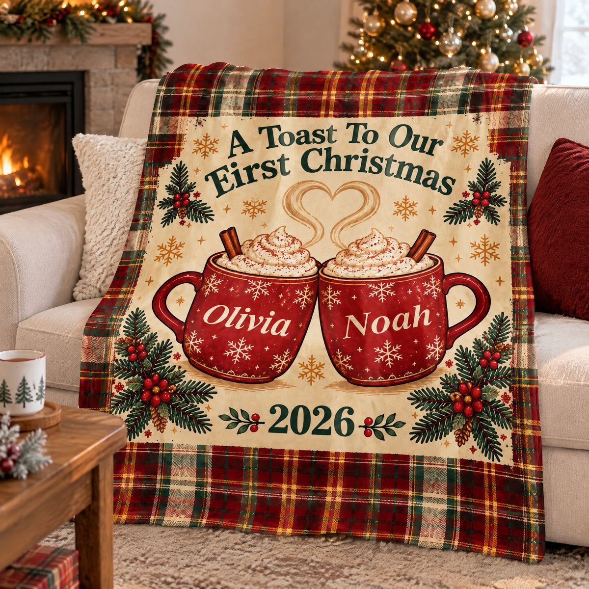 Personalized First Christmas Blanket on a sofa near a fireplace, plaid border and mugs with names in view