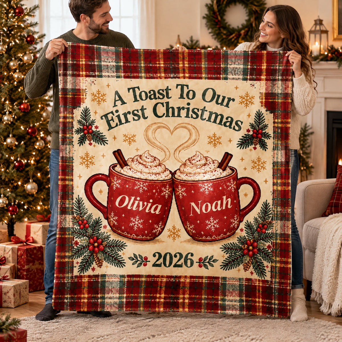 Personalized First Christmas Blanket held up by a smiling man and woman in front of a Christmas tree and gifts