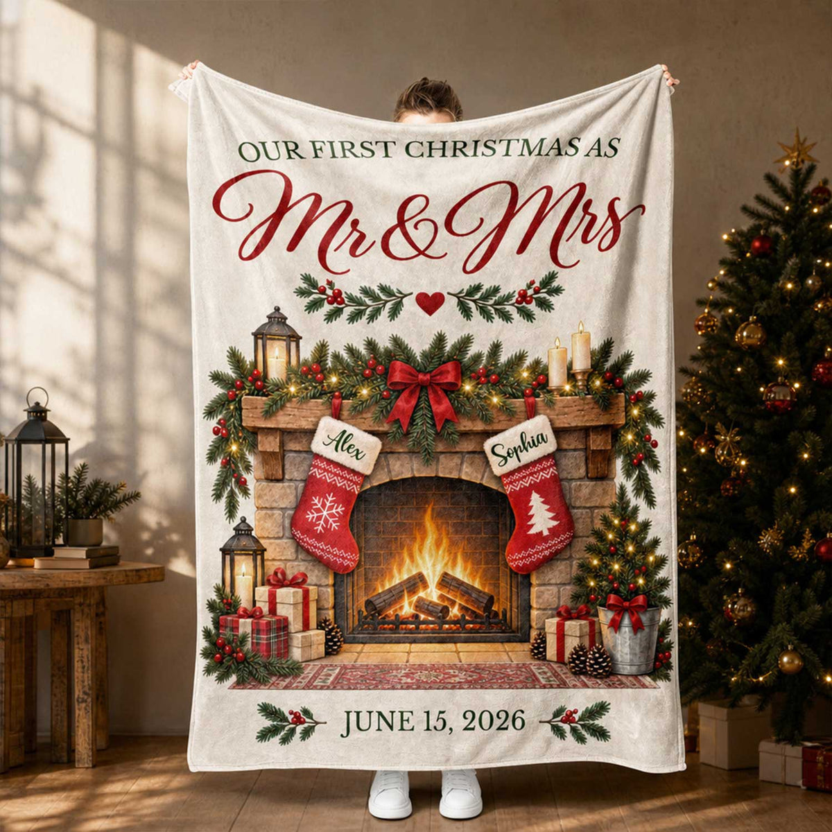 Our First Christmas As Mr &amp; Mrs - Personalized Blanket, Cozy Fireplace First Christmas Couple Keepsake