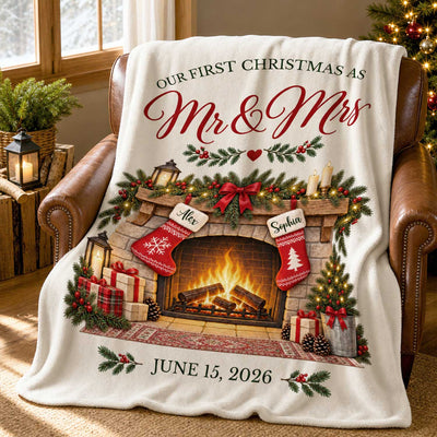 Our First Christmas As Mr & Mrs - Personalized Blanket, Cozy Fireplace First Christmas Couple Keepsake