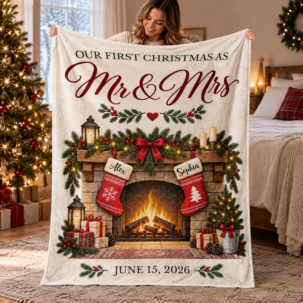Our First Christmas As Mr &amp; Mrs - Personalized Blanket, Cozy Fireplace First Christmas Couple Keepsake
