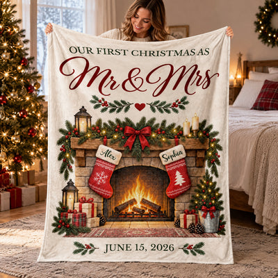 Our First Christmas As Mr & Mrs - Personalized Blanket, Cozy Fireplace First Christmas Couple Keepsake