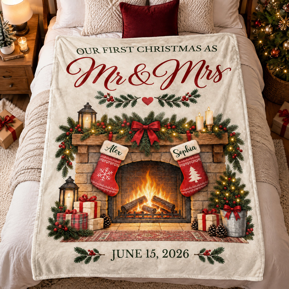 Our First Christmas As Mr &amp; Mrs - Personalized Blanket, Cozy Fireplace First Christmas Couple Keepsake