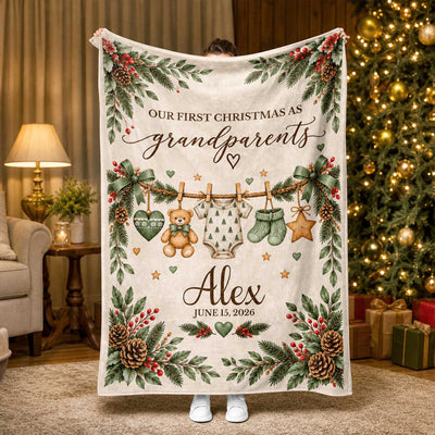 Custom Baby Name and Date, New Grandma Grandpa Gift, Christmas Keepsake Throw, Personalized First Christmas as Grandparents Blanket