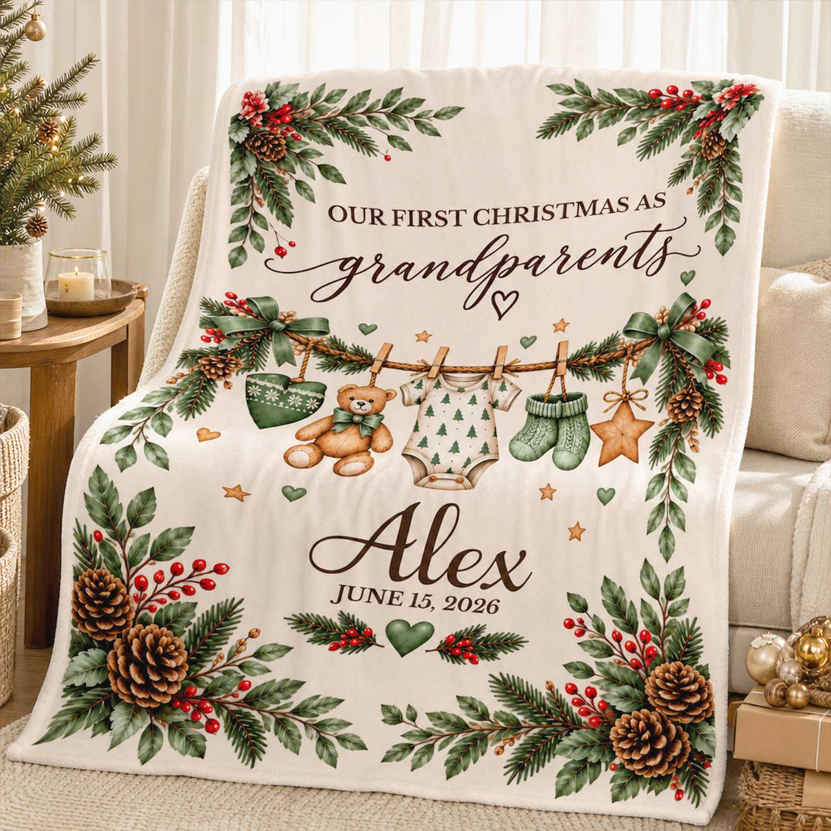 Custom Baby Name and Date, New Grandma Grandpa Gift, Christmas Keepsake Throw, Personalized First Christmas as Grandparents Blanket
