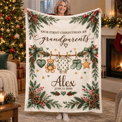 Custom Baby Name and Date, New Grandma Grandpa Gift, Christmas Keepsake Throw, Personalized First Christmas as Grandparents Blanket