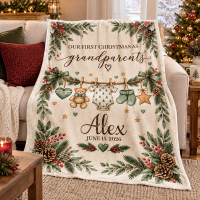 Custom Baby Name and Date, New Grandma Grandpa Gift, Christmas Keepsake Throw, Personalized First Christmas as Grandparents Blanket