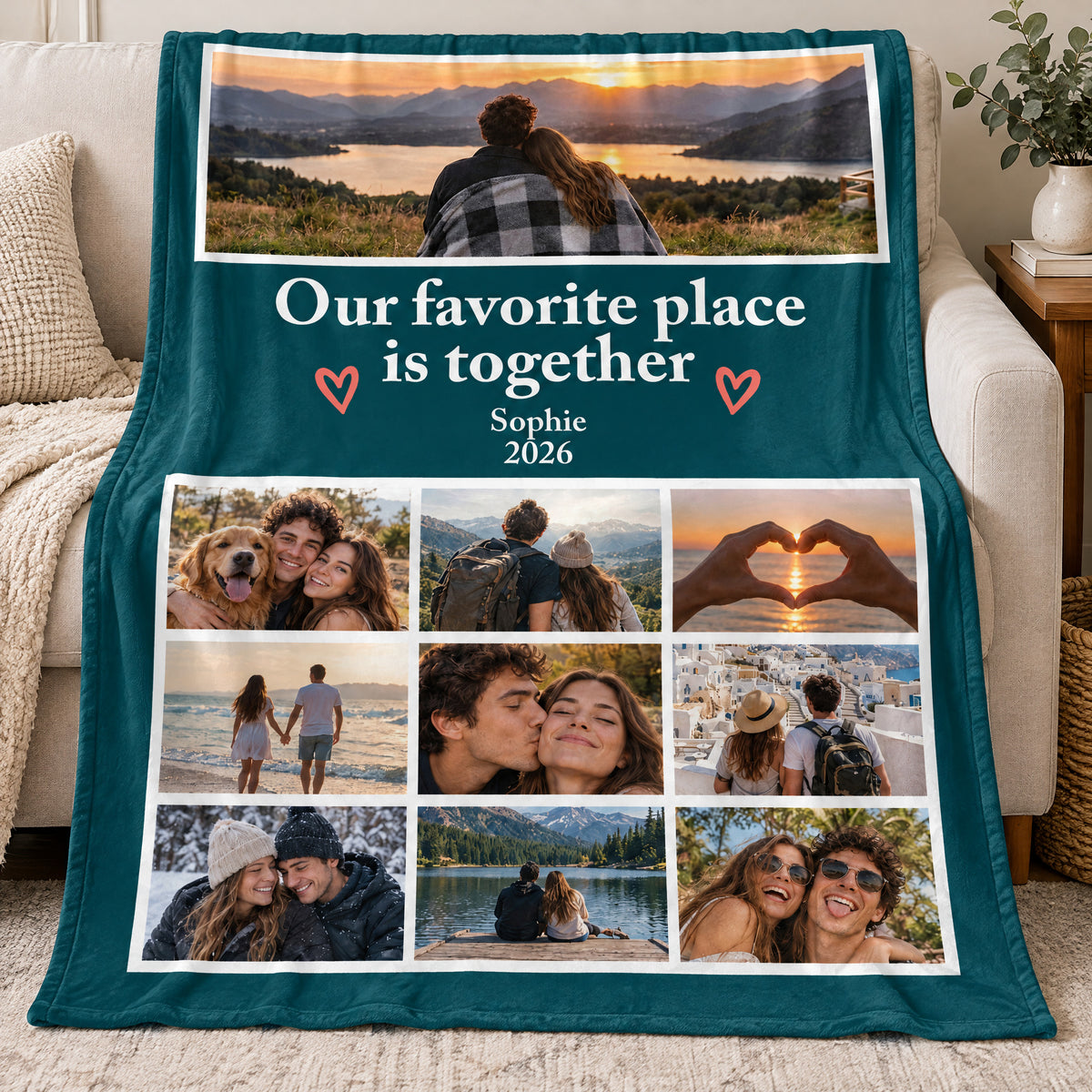 Personalized photo blanket draped over a sofa showing a teal design with nine photos and a heart caption