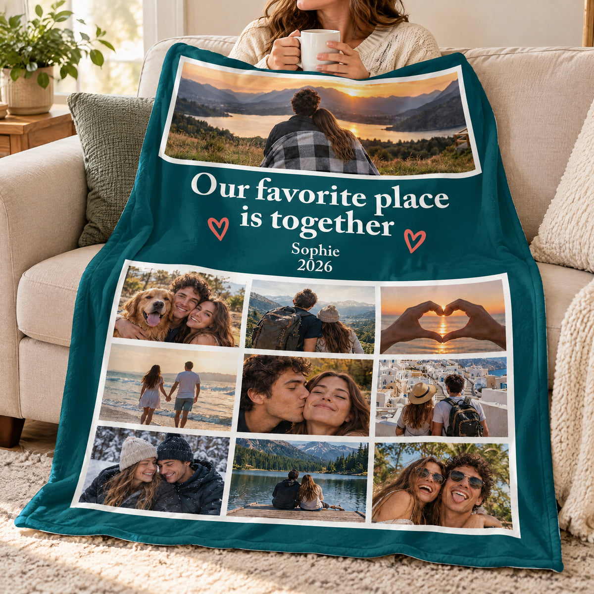 Personalized photo blanket held up by a woman with a mug sitting on a couch with cushions