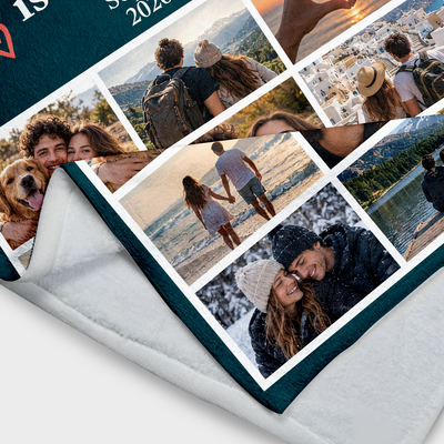 Personalized photo blanket close-up with a folded corner showing the white soft reverse side and photo collage