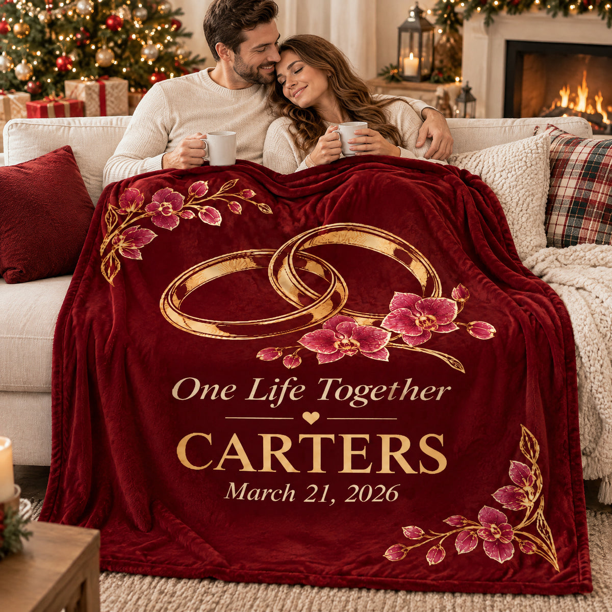 Personalized wedding rings blanket over a smiling couple holding mugs, Christmas tree and gifts behind them