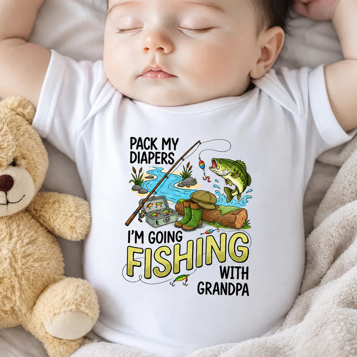 Pack My Diapers Fishing With Grandpa- Personalized Baby Onesie, Gift For Fishing Lovers