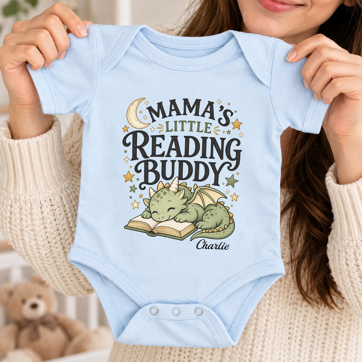 Little Reading Buddy - Personalized Baby Onesie, Book Lover Dragon Bodysuit, Cute Reading Baby Outfit