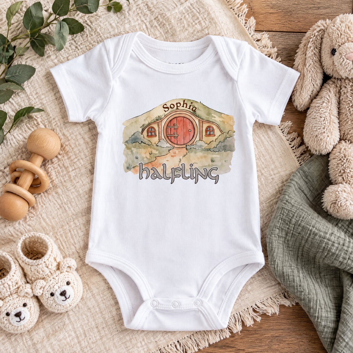 Halfling- Personalized Baby Onesie, Fantasy Baby Outfit,  Hobbit Hole Door Bodysuit